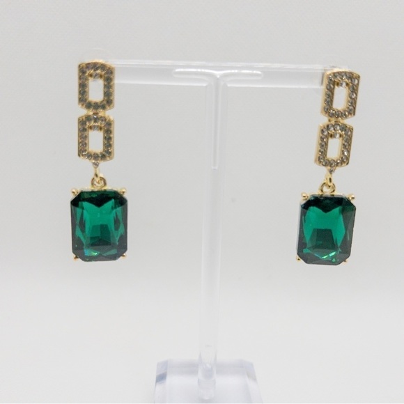 Art Deco Style Faux Emerald and Rhinestone Drop Earrings - Picture 6 of 9